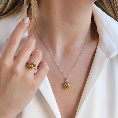 Sitrin Taşlı Elips Lotus Çiçeği Gümüş Set