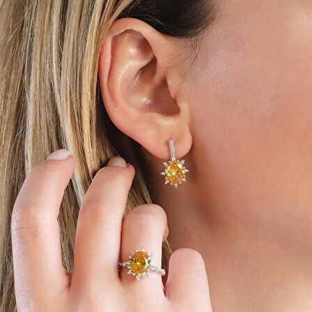 Sitrin Taşlı Elips Lotus Çiçeği Gümüş Set