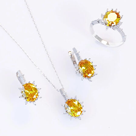 Sitrin Taşlı Elips Lotus Çiçeği Gümüş Set