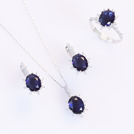 Safir Taşlı Elips Lotus Çiçeği Gümüş Set