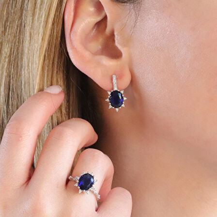 Safir Taşlı Elips Lotus Çiçeği Gümüş Set