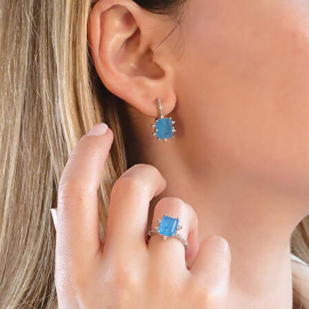 Mavi Paraiba Taşlı Kare Lotus Çiçeği Gümüş Set