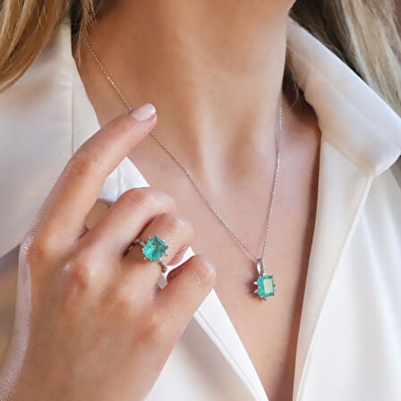 Paraiba Taşlı Kare Lotus Çiçeği Gümüş Set