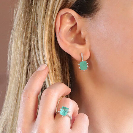 Paraiba Taşlı Kare Lotus Çiçeği Gümüş Set