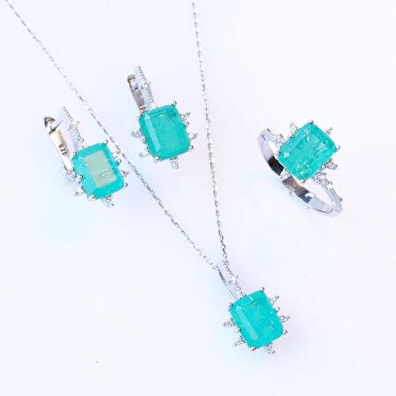 Paraiba Taşlı Kare Lotus Çiçeği Gümüş Set
