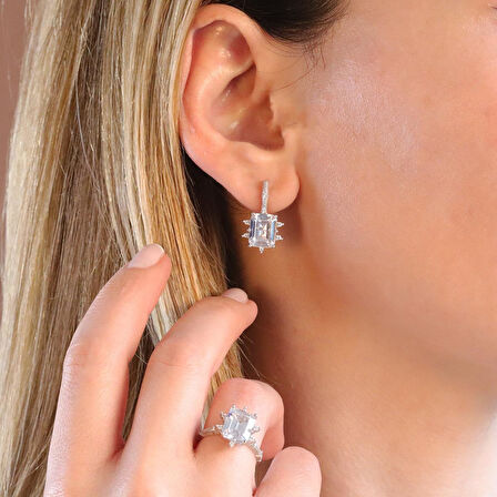 Zirkon Taşlı Kare Lotus Çiçeği Gümüş Set