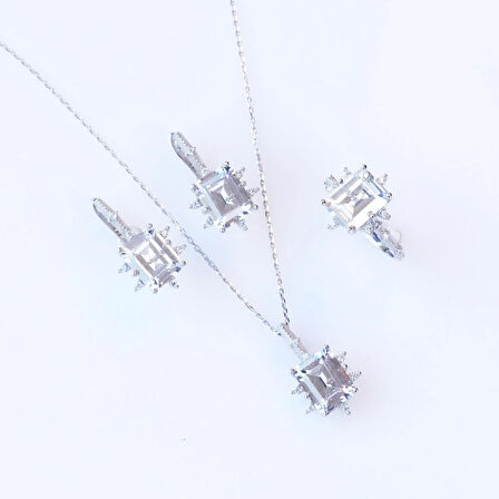 Zirkon Taşlı Kare Lotus Çiçeği Gümüş Set