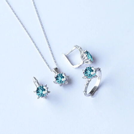 Lotus Çiçeği Aquamarin Taşlı Gümüş Set