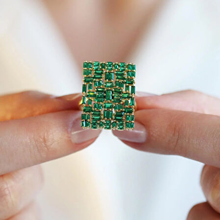 Yeşil Zirkon Taşlı Gold Kaplama 925 Ayar Gümüş Yüzük