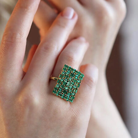 Yeşil Zirkon Taşlı Gold Kaplama 925 Ayar Gümüş Yüzük