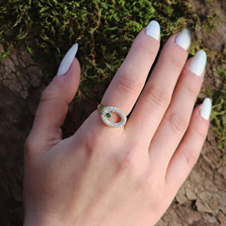 Elips Yeşil Taşlı Gold Kaplama Gümüş Yüzük