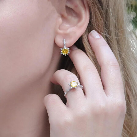 Lotus Çiçeği Sitrin Taşlı Gümüş Set