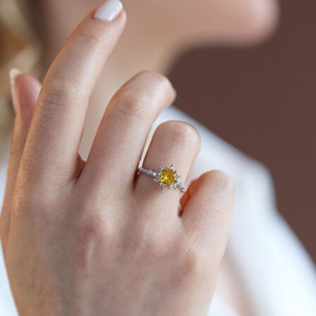 Lotus Çiçeği Sitrin Taşlı Gümüş Set