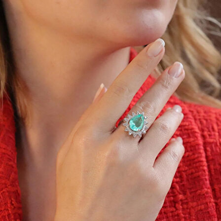 Paraiba Taşlı Damla Sultan Modeli 925 Ayar Gümüş Yüzük