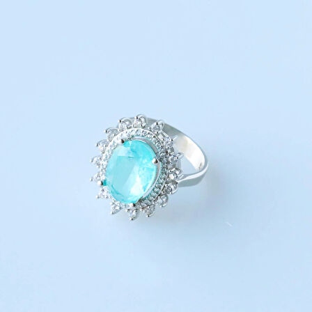 Oval Pırıltılı Paraiba Taşlı Gümüş Yüzük
