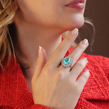 Oval Pırıltılı Paraiba Taşlı Gümüş Yüzük