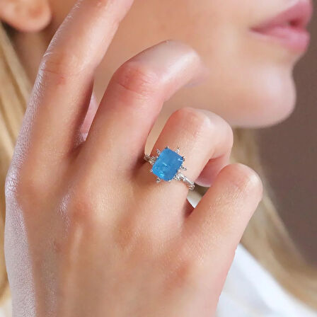 Mavi Paraiba Taşlı Kare Lotus Çiçeği Gümüş Yüzük