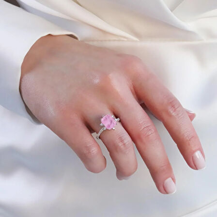 Pembe Paraiba Taşlı Kare Lotus Çiçeği Gümüş Yüzük