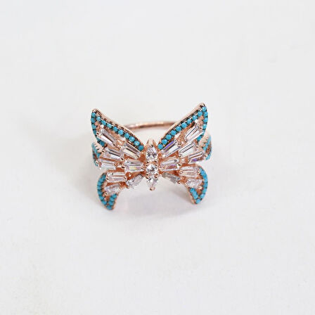Kelebek Turkuaz Baget Taşlı Rose Gold Kaplama Gümüş Yüzük