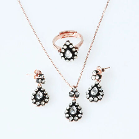 Elmas Montür Zirkon Taşlı Damla Model Rose Gold Kaplama Gümüş Set