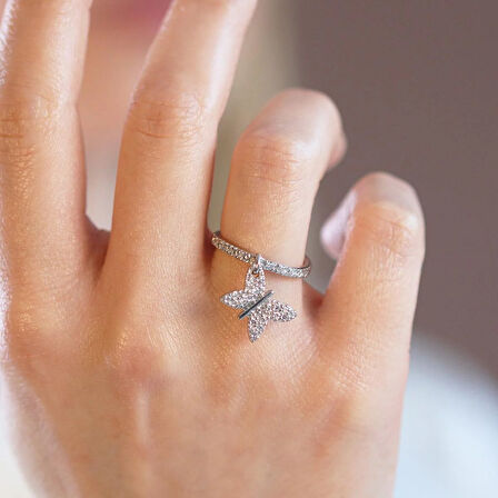 Zirkon Taşlı Hareketli  Kelebek Gümüş Yüzük