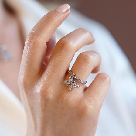 Zirkon Taşlı Hareketli  Kelebek Gümüş Yüzük