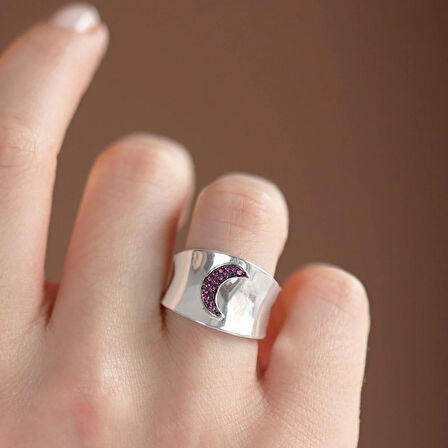 Pembe Zirkon Taşlı Moon İkon Gümüş Yüzük