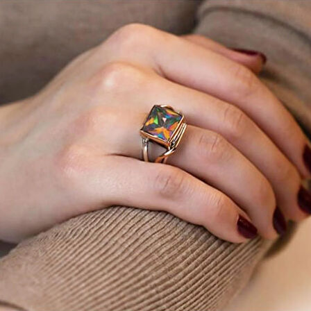 El İşi Tasarım Mistik Topaz Taşlı Gümüş Otantik Yüzük