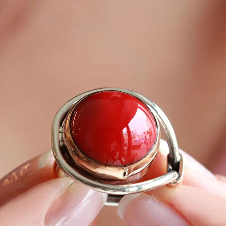 Kırmızı Mercan Taşlı EL İşi Yuvarlak Gümüş Yüzük