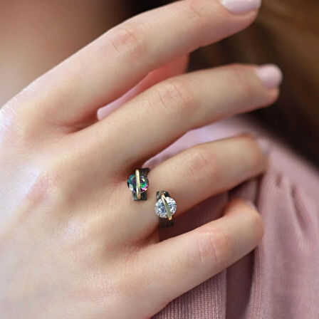 Mistik Topaz ve Zirkon Taşlı 2'li Yuvarlak Gold Çizgili Ayarlanabilir Gümüş Yüzük