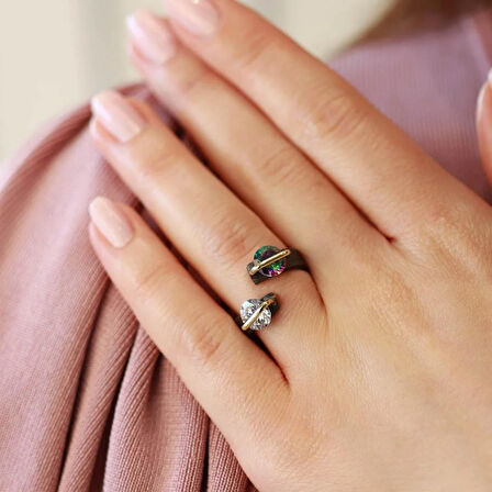 Mistik Topaz ve Zirkon Taşlı 2'li Yuvarlak Gold Çizgili Ayarlanabilir Gümüş Yüzük