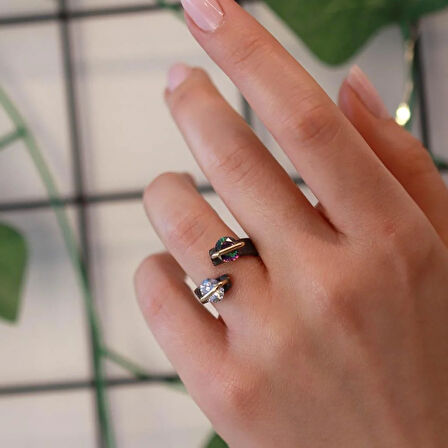 Mistik Topaz ve Zirkon Taşlı 2'li Yuvarlak Gold Çizgili Ayarlanabilir Gümüş Yüzük