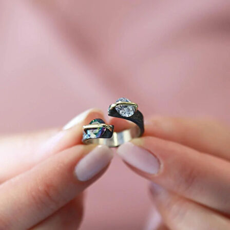 Mistik Topaz ve Zirkon Taşlı 2'li Yuvarlak Gold Çizgili Ayarlanabilir Gümüş Yüzük