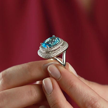 Zirkon Taş Çerçeveli Aquamarin Taşlı  Gümüş Yüzük