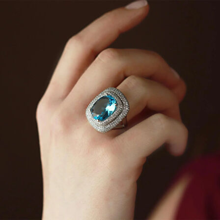 Zirkon Taş Çerçeveli Aquamarin Taşlı  Gümüş Yüzük