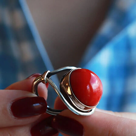 Kırmızı Mercan Taşlı El İşi Otantik 925 Ayar Gümüş Takım