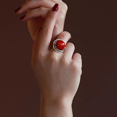 Kırmızı Mercan Taşlı El İşi Otantik 925 Ayar Gümüş Takım