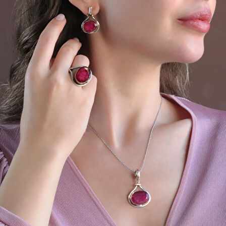 Kök Yakut Taşlı El İşi Gümüş Otantik Set