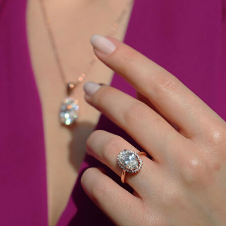 Oval Kesim Tek Taş Model Rose Gold Kaplama 925 Ayar Gümüş Sky Diamond Set