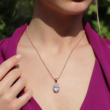 Oval Kesim Tek Taş Model Rose Gold Kaplama 925 Ayar Gümüş Sky Diamond Set