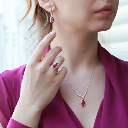 Lal Taşlı Damla Model Gümüş Takım