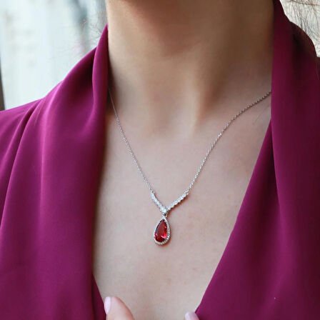 Lal Taşlı Damla Model Gümüş Takım