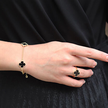 İkonik Alhambra Onix Taşlı Gold Kaplama Gümüş Set