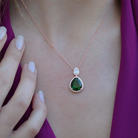 Kök Zümrüt Taşlı Rose Gold Kaplama Damla Gümüş Takım