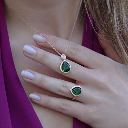 Kök Zümrüt Taşlı Rose Gold Kaplama Damla Gümüş Takım