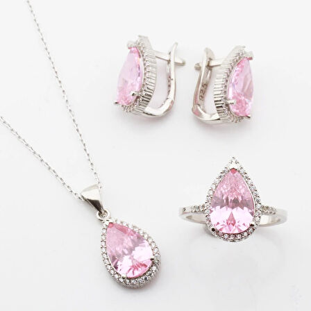 Pembe Zirkon Taşlı Damla Modeli Gümüş Takım