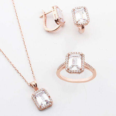 Rose Gold Kaplama Baget Taşlı Gümüş Takım