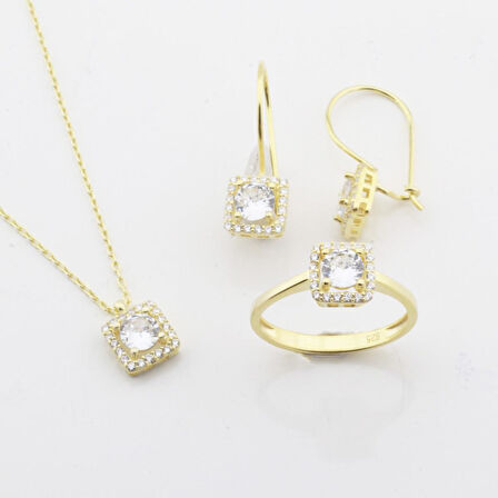 Zirkon Taşlı Kare Montür Gold Kaplama Takım