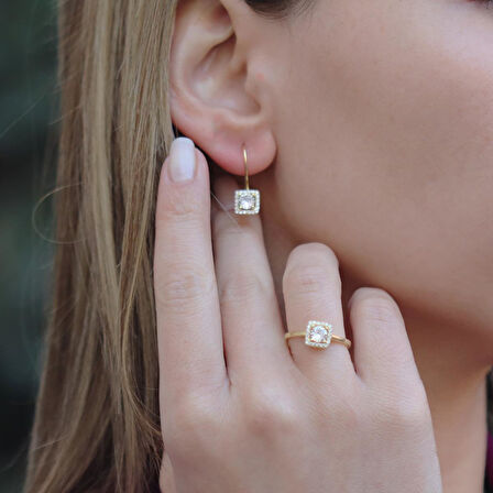 Zirkon Taşlı Kare Montür Gold Kaplama Takım