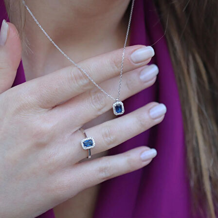 Kök Safir Taşlı Baget Gümüş Takım